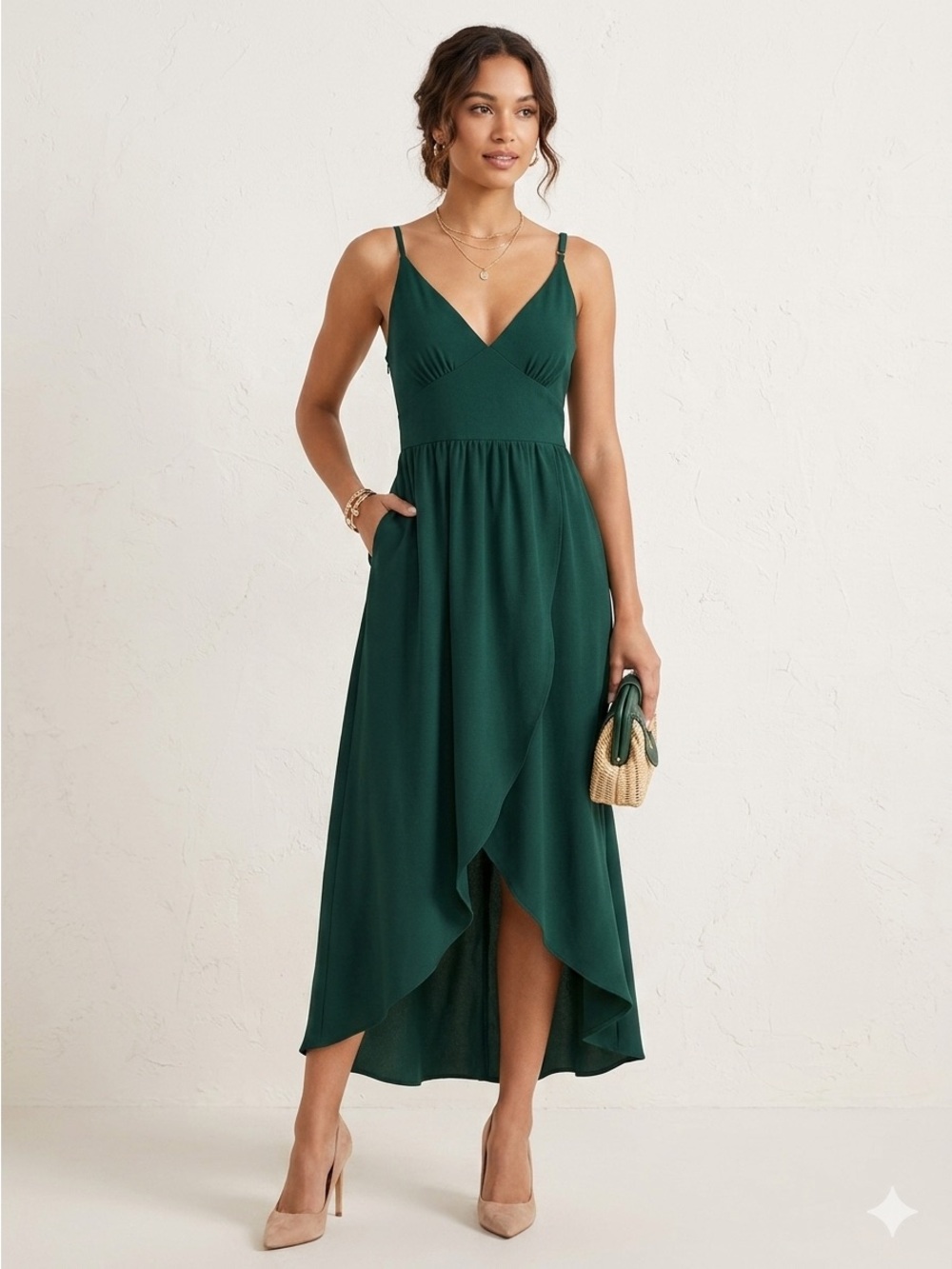 Dark Green High-Low Midi Dress Wrap Style Adj Straps Sz M